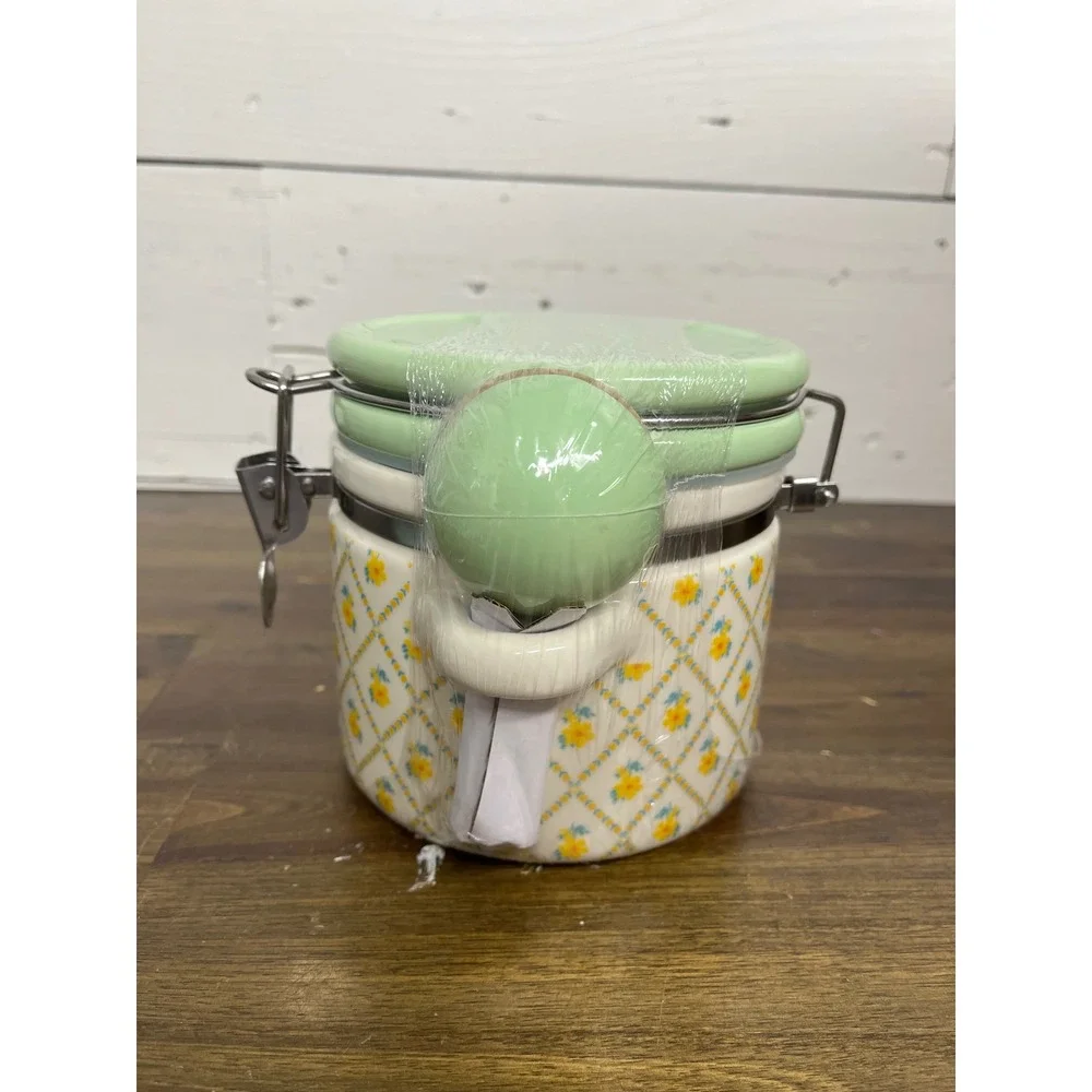 The Pioneer Woman Floral Trellis Stoneware‎ Canister with Scoop Mint Green Lid